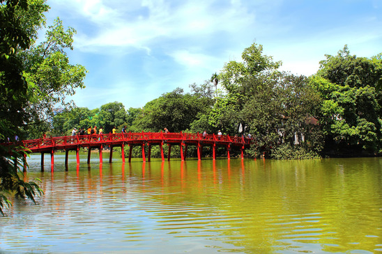 The Huc Bridge at the Hoan Kiem Lake in Hanoi Vietnam
