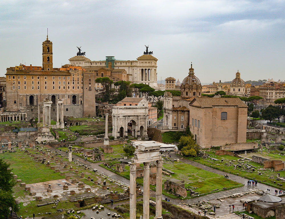 Looking down upon the Roman Forum in Rome, Italy